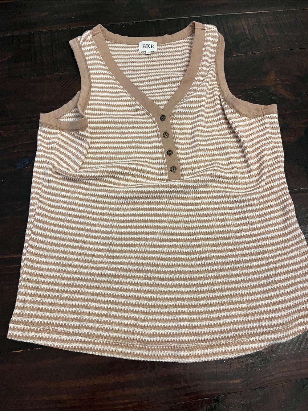 BKE Tan & White Striped Sleeveless Henley Tank